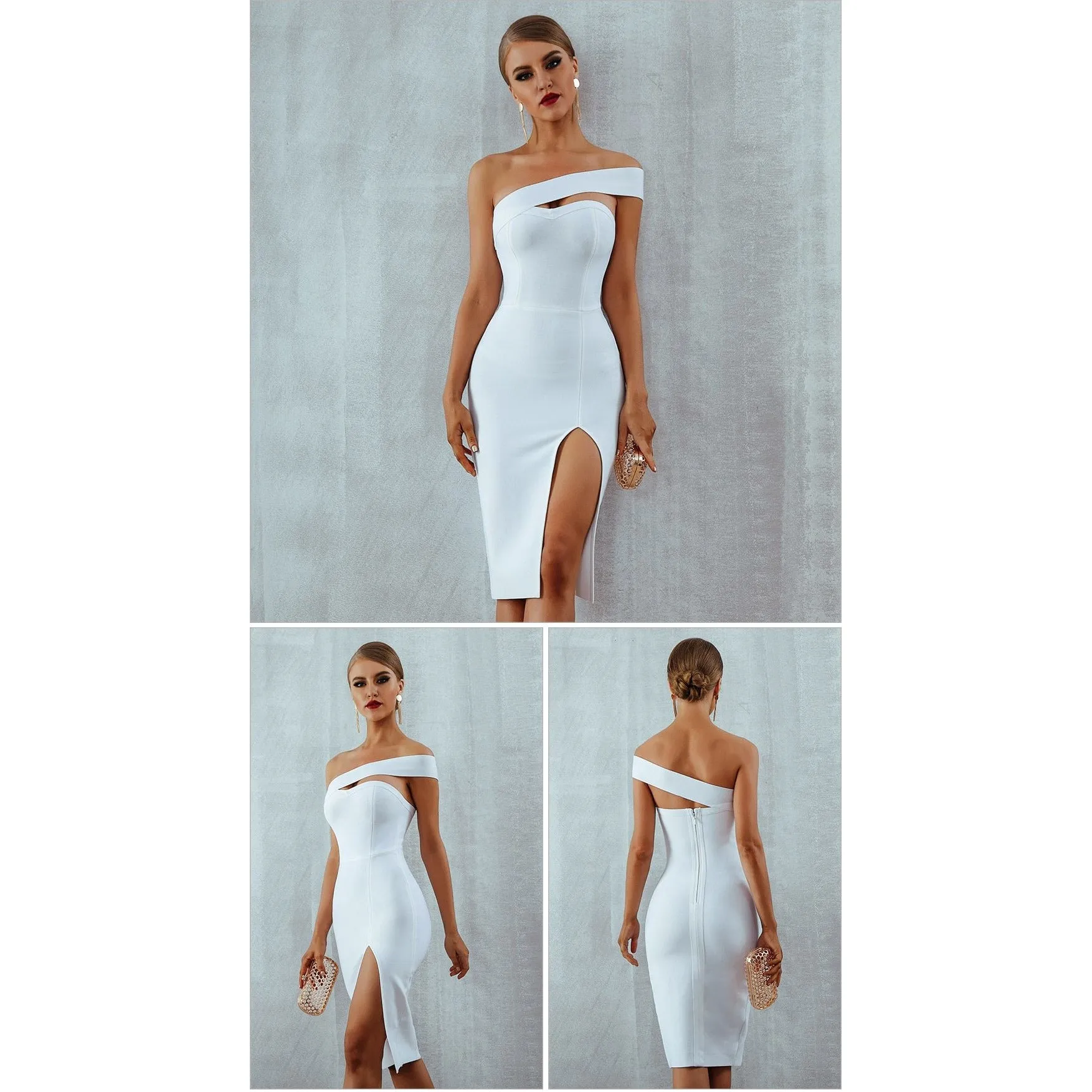 One Shoulder Bandage Midi Dress With High Slit