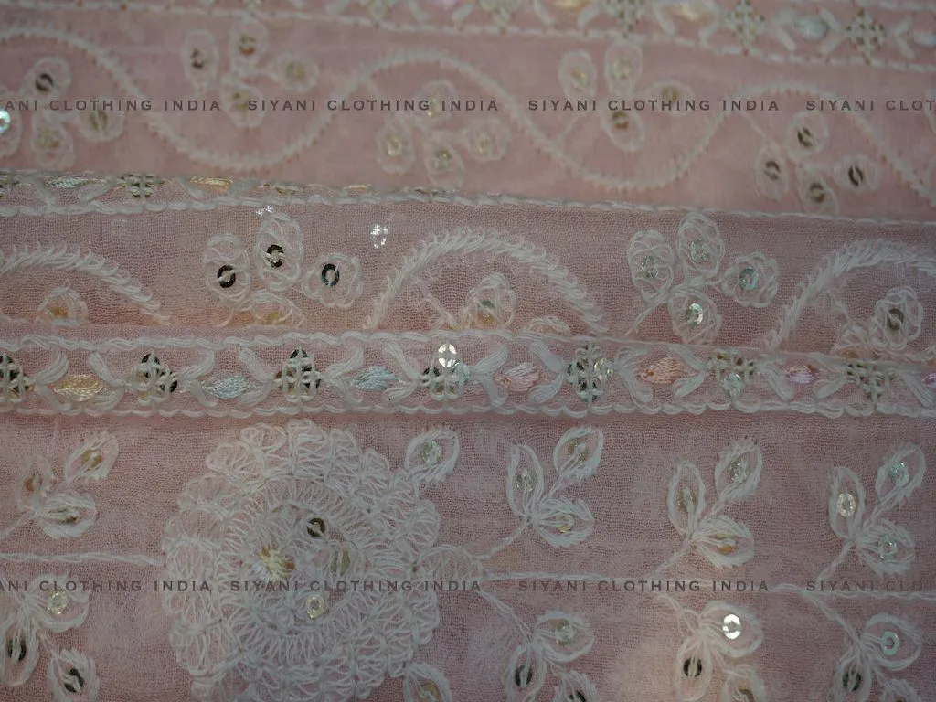 Onion Pink Sequins And Thread Embroidered Chiffon Fabric