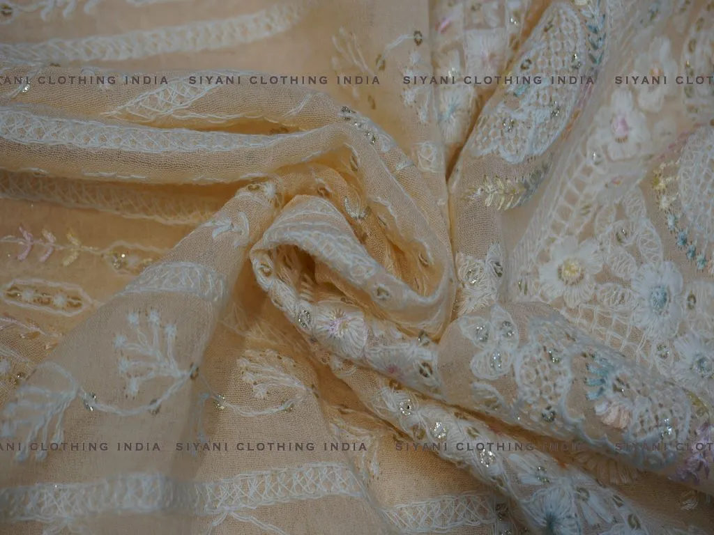 Orange Sequins And Thread Embroidered Chiffon Fabric