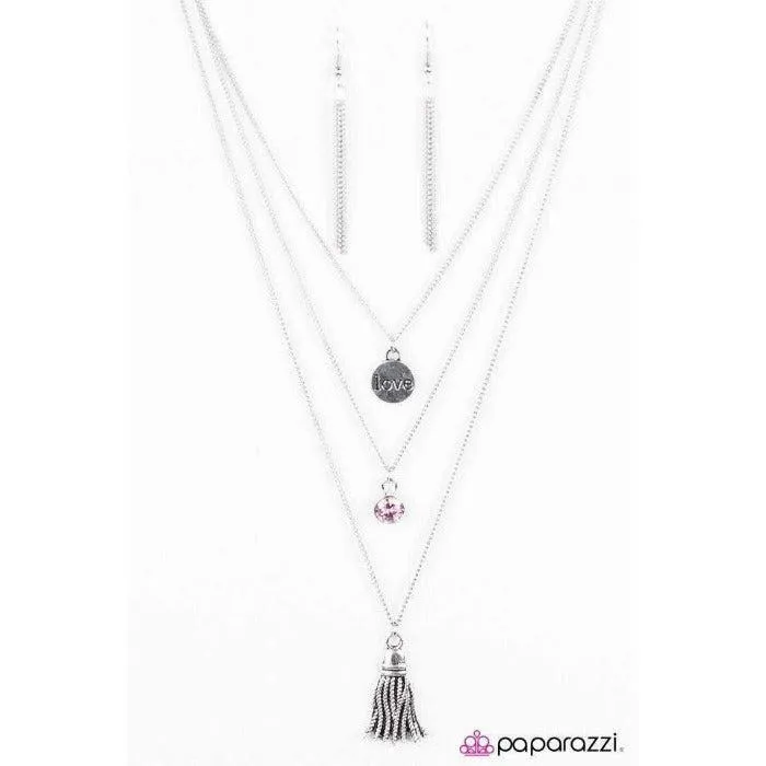 Paparazzi Love Song Engraved "love" Pink Gem Necklace & Earring Set