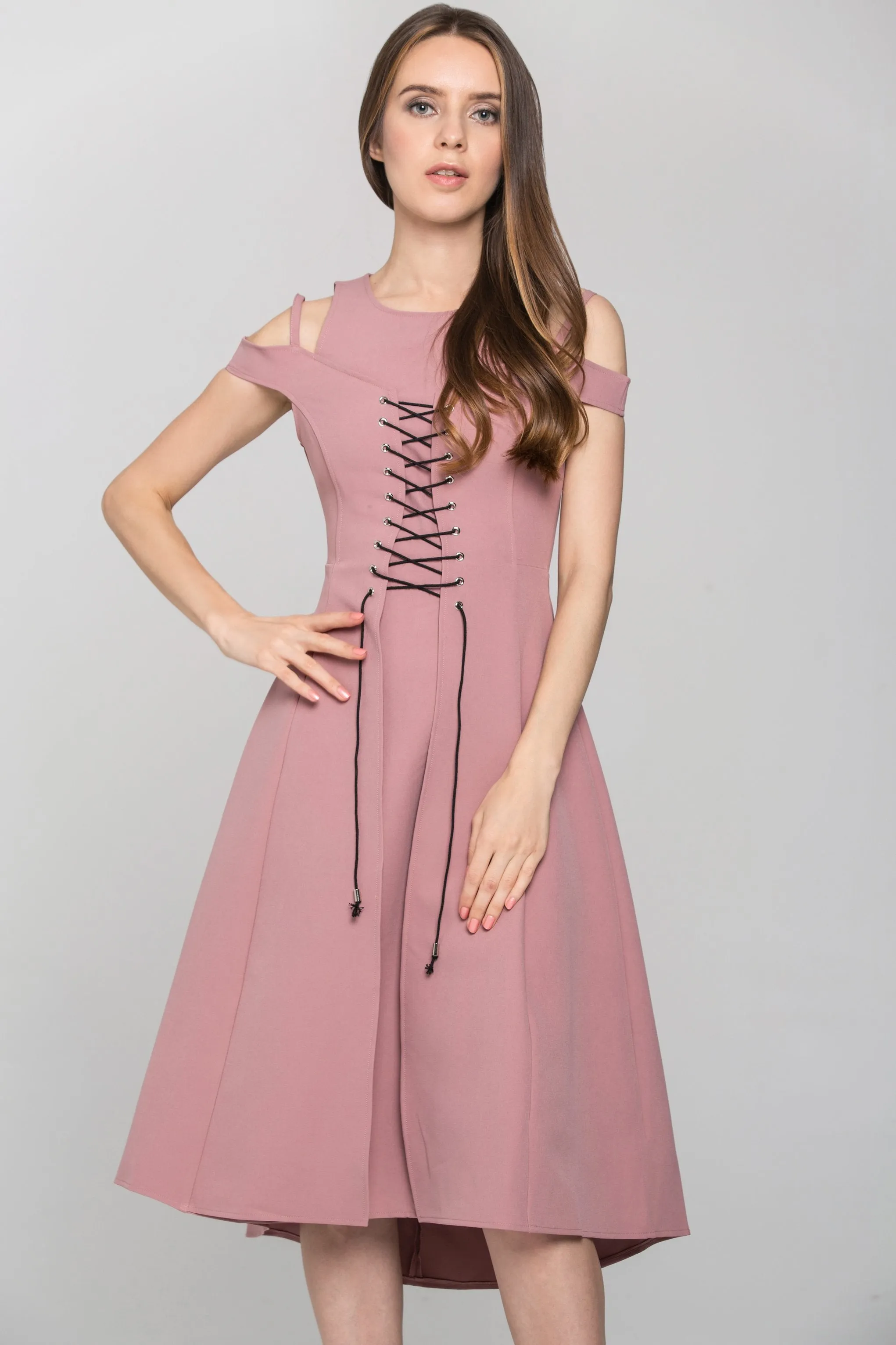 Pink Layered Cold Shoulder Corset Midi Dress