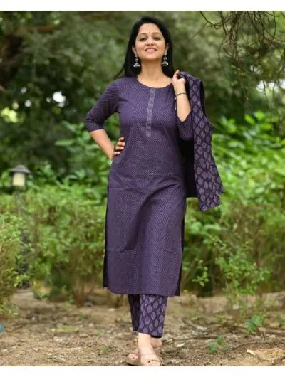 Purple Cotton Kurti, Pant and Quilted Cotton jacket (Set of 3)