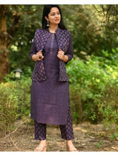 Purple Cotton Kurti, Pant and Quilted Cotton jacket (Set of 3)