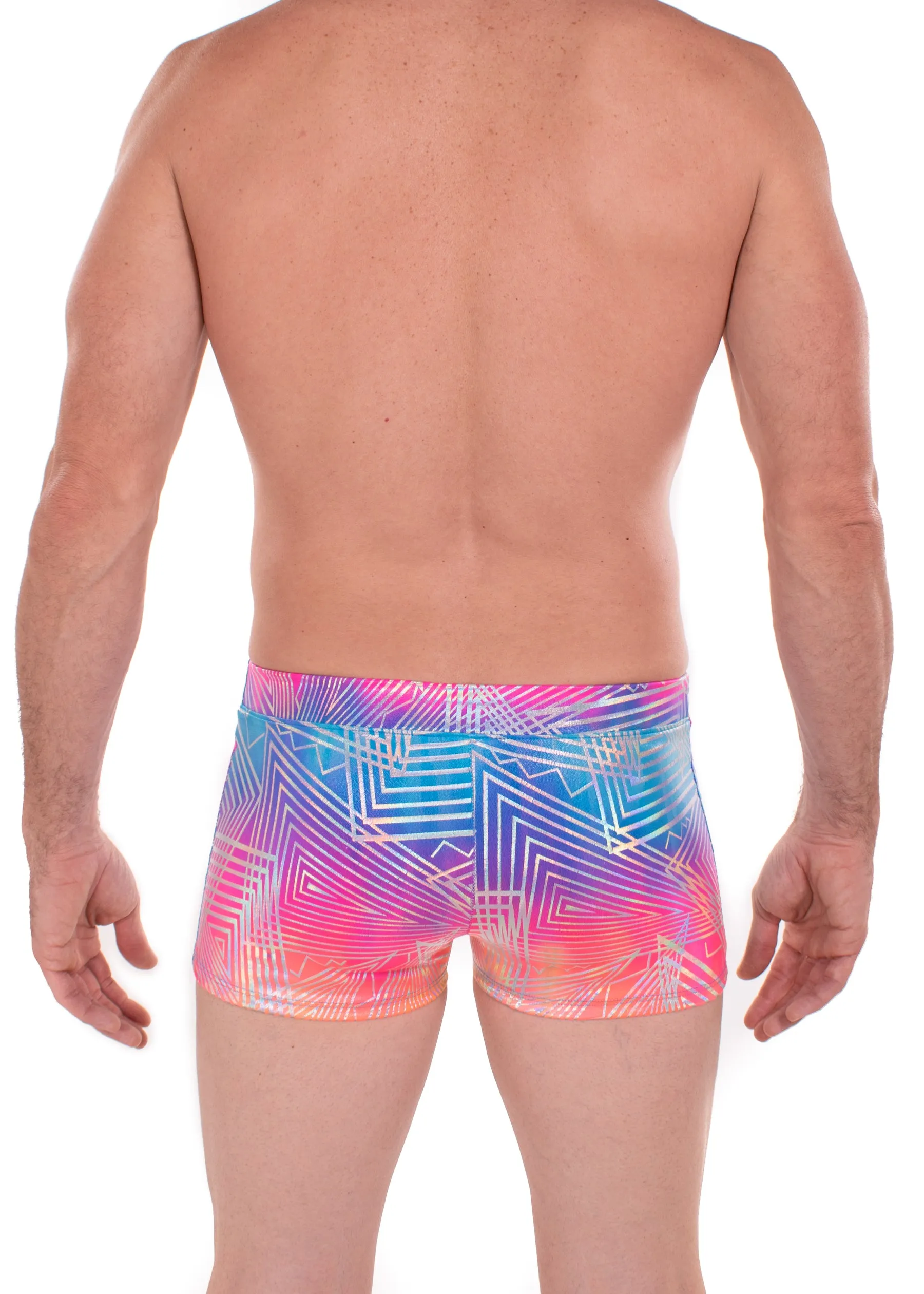 Rainbow Daze - & Rainbow Geo Men's Booty Shorts, square cut holographic swim trunks