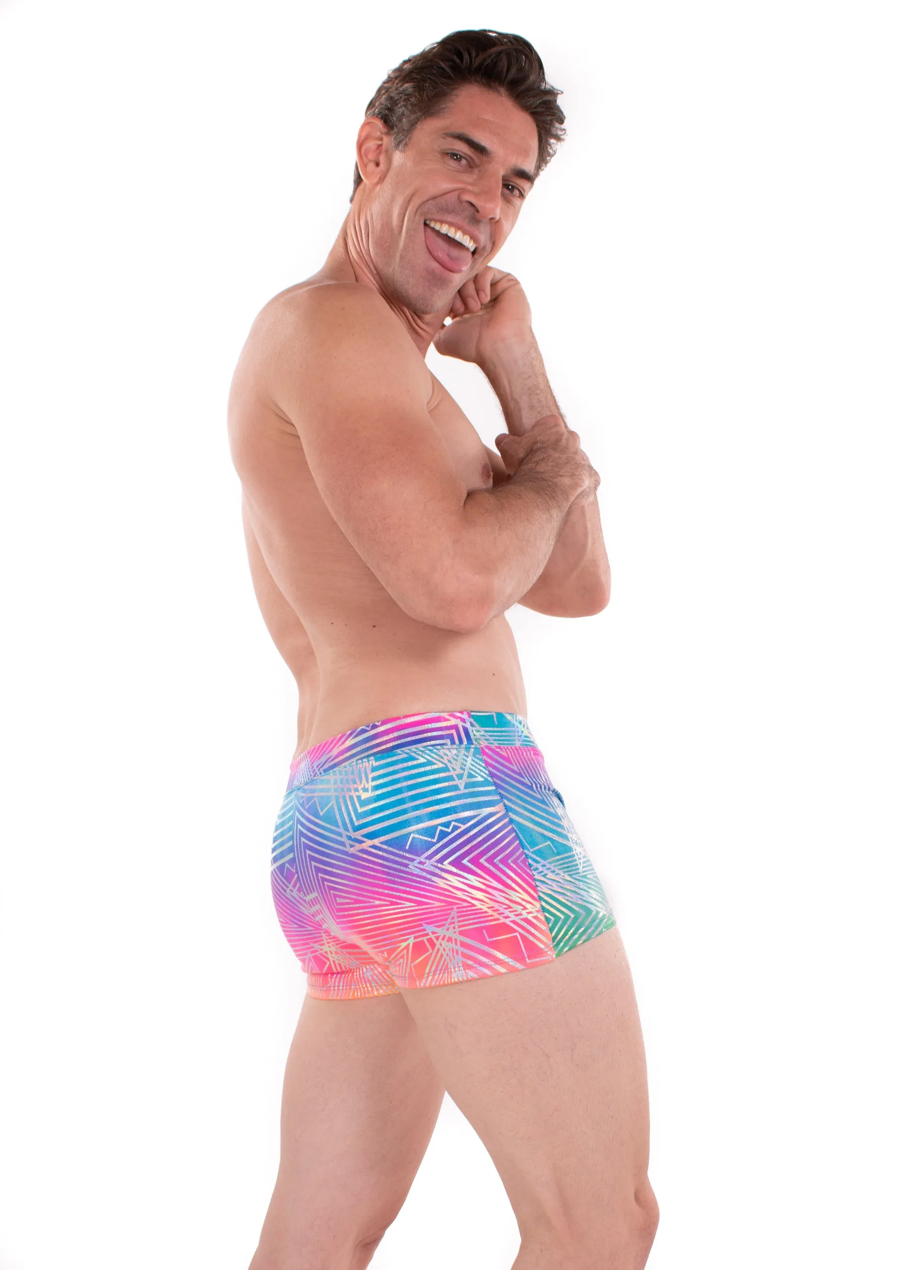 Rainbow Daze - & Rainbow Geo Men's Booty Shorts, square cut holographic swim trunks