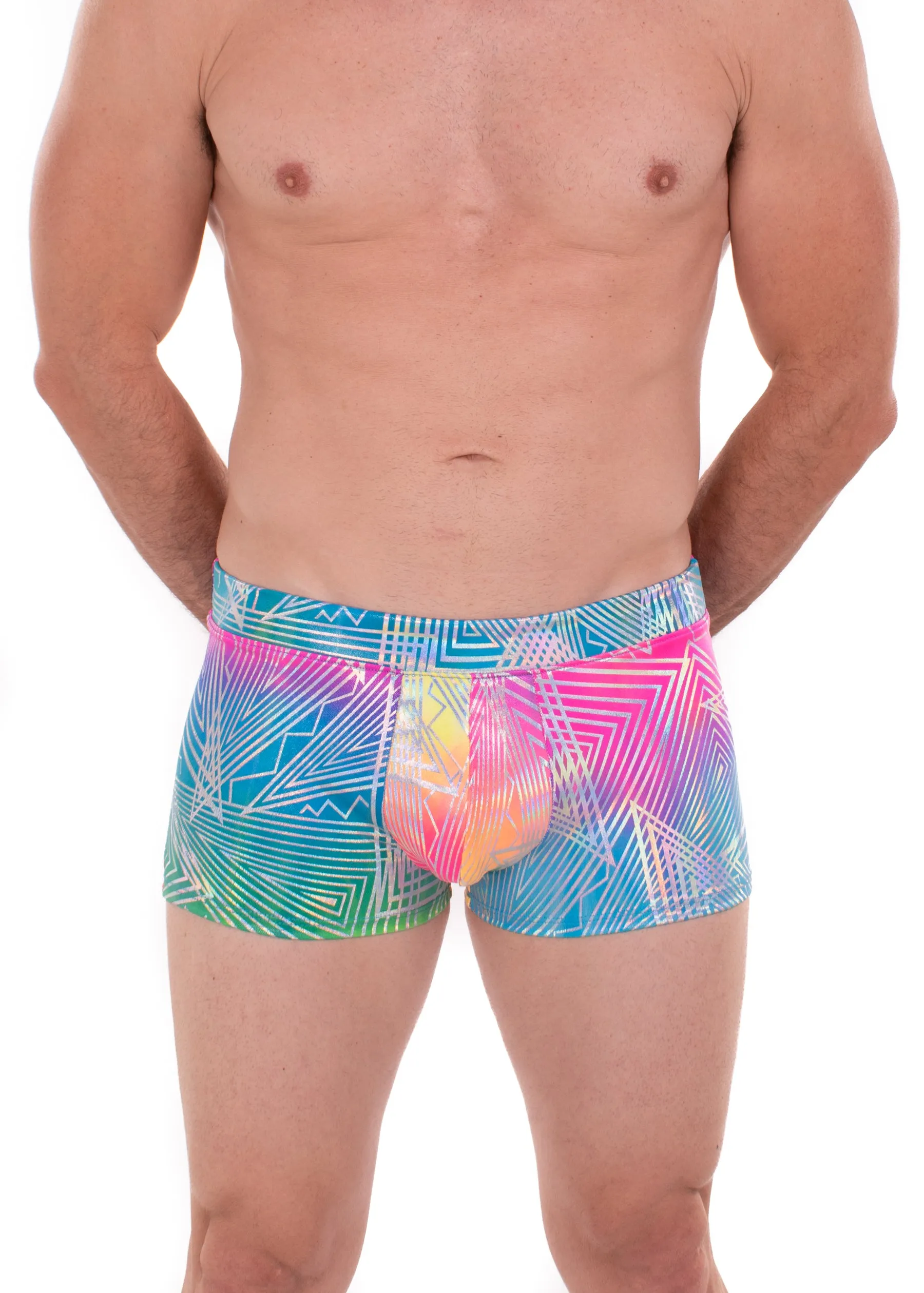 Rainbow Daze - & Rainbow Geo Men's Booty Shorts, square cut holographic swim trunks