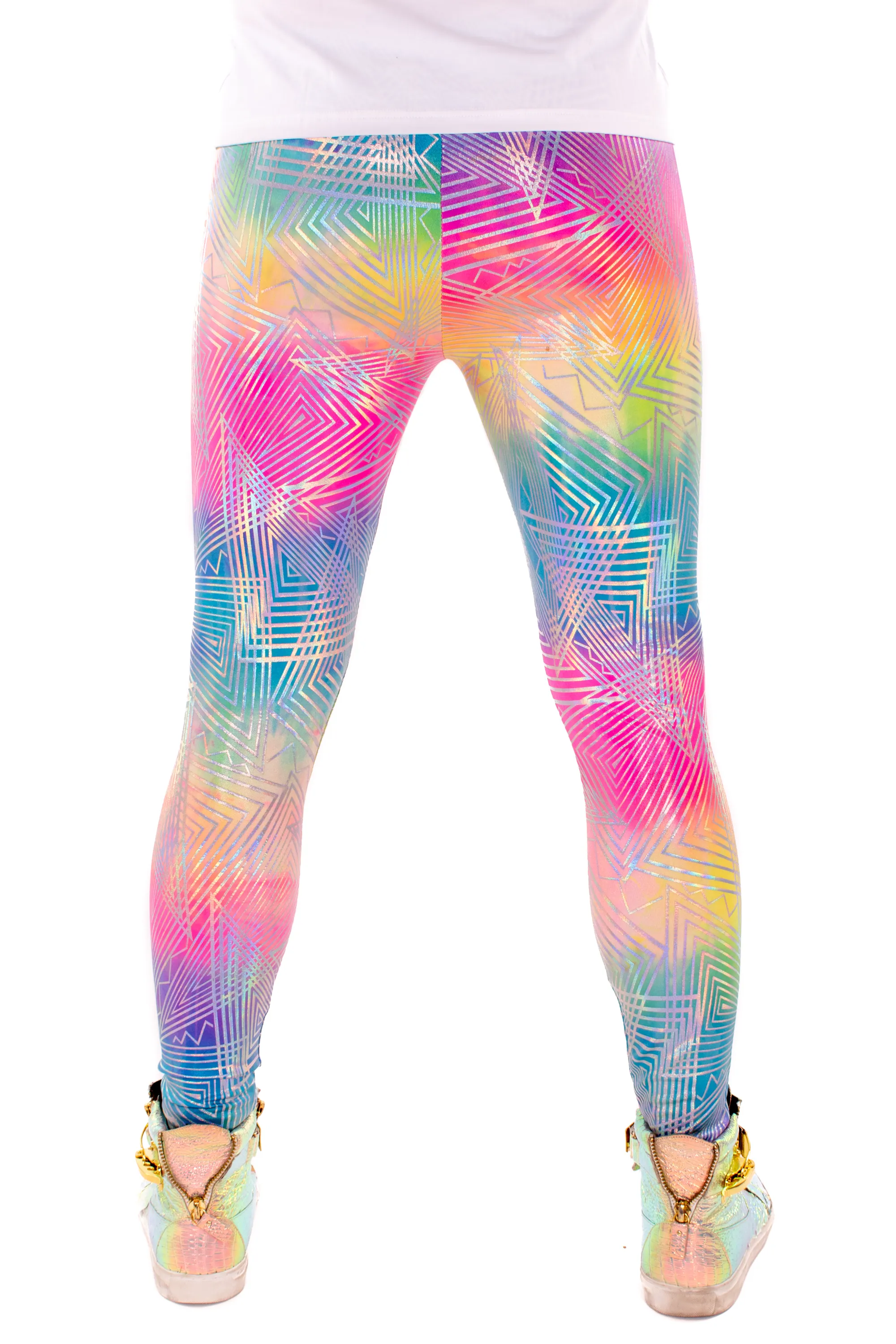 Rainbow Daze: Holographic Tie-Dye Rainbow Meggings - UV Blacklight Reactive Men's Leggings