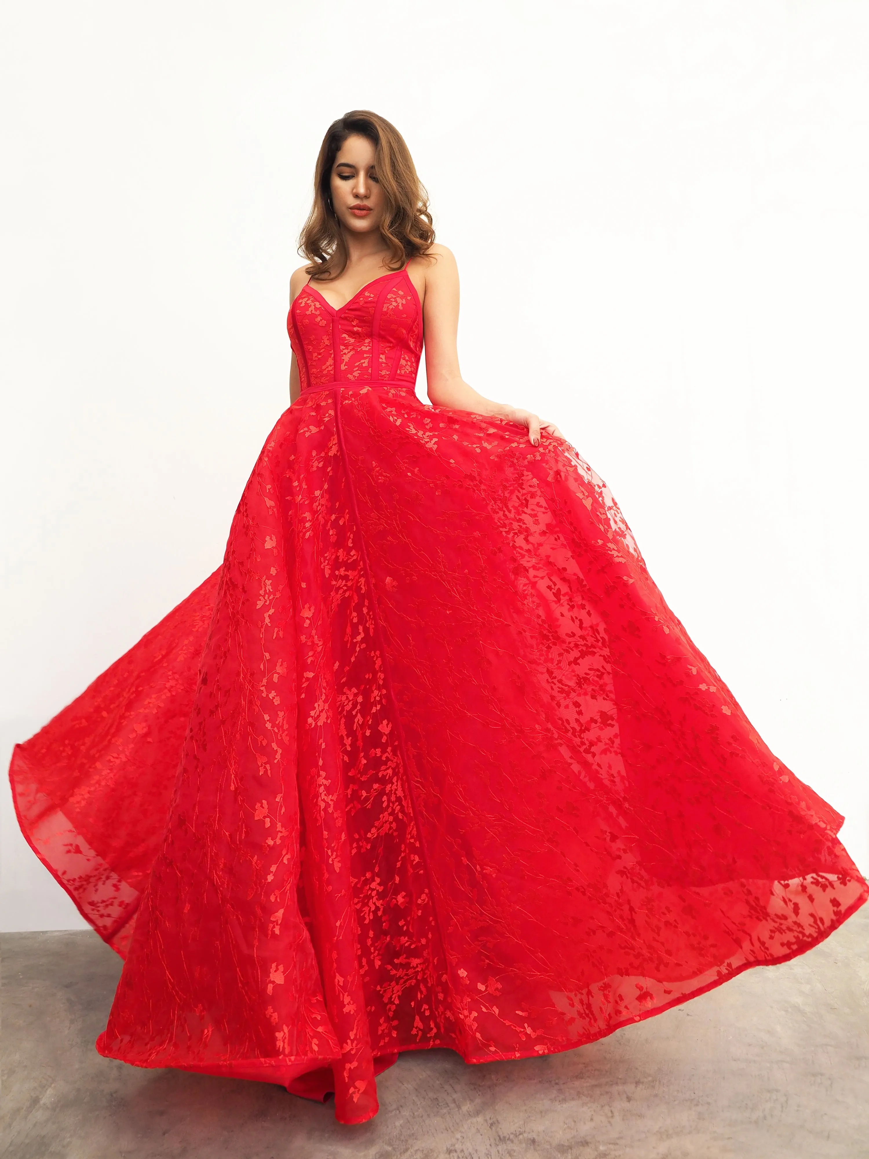 Red organza lace computer tulle princess dress with lace up back