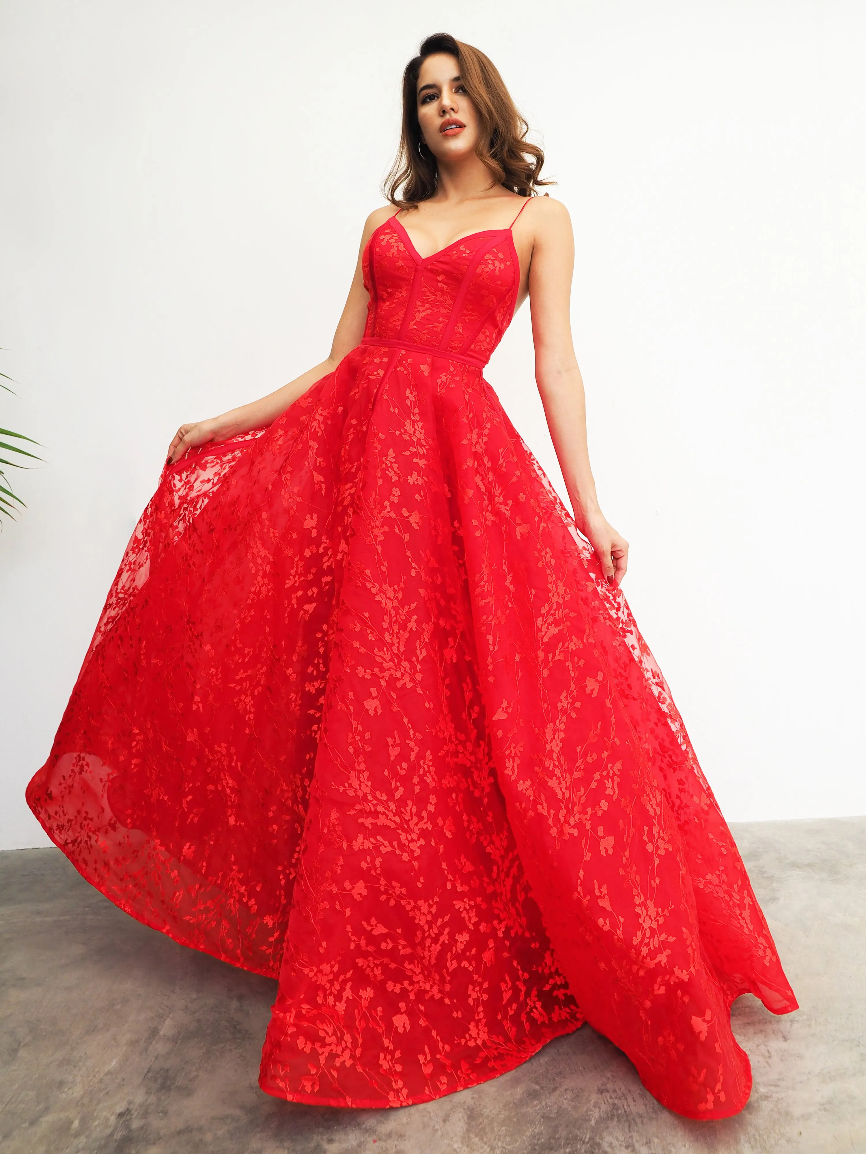 Red organza lace computer tulle princess dress with lace up back