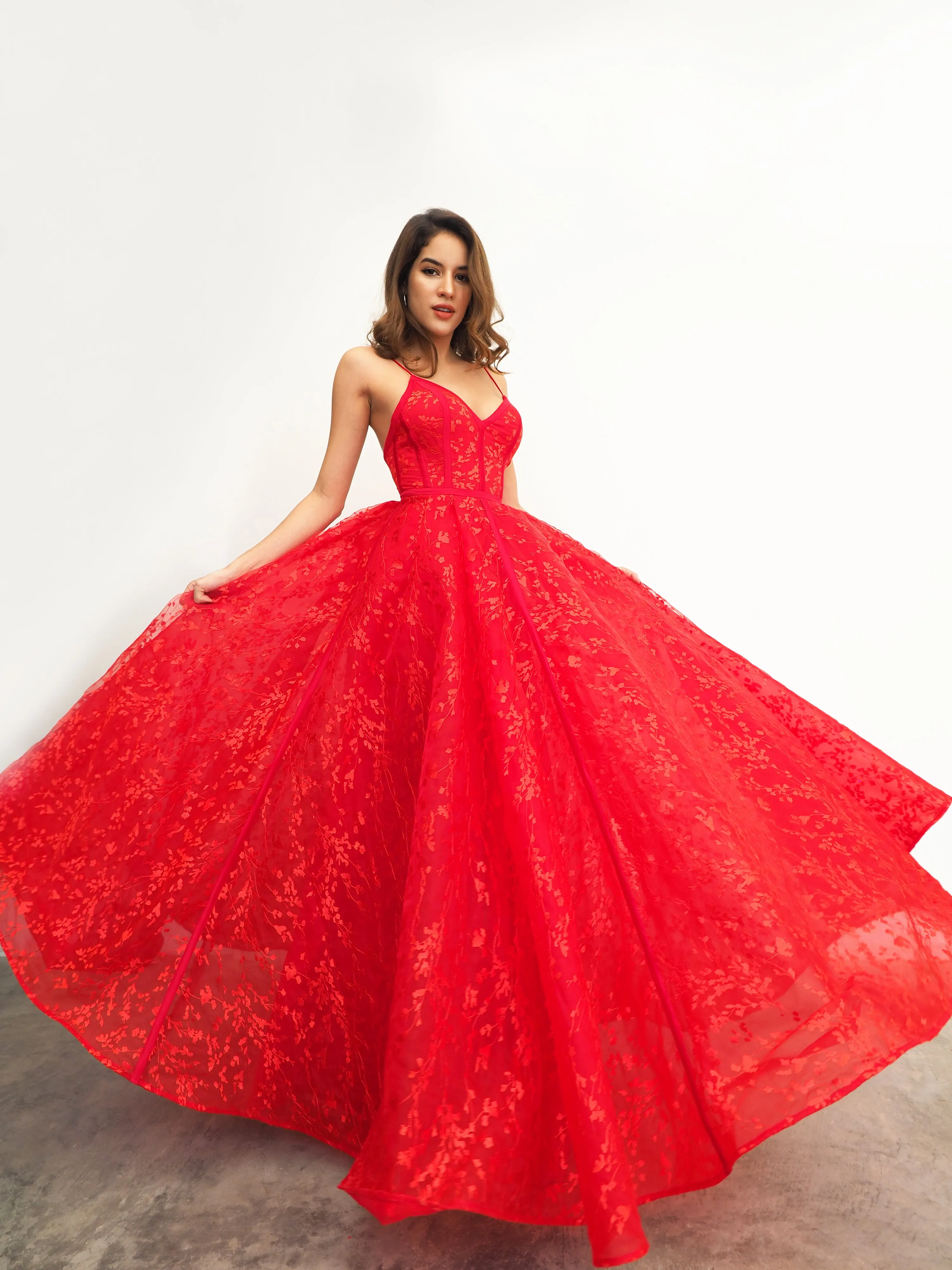 Red organza lace computer tulle princess dress with lace up back