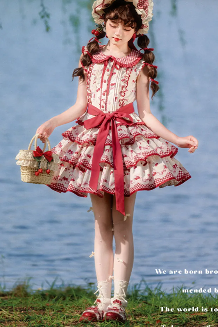 Red Triple-Layered [Cherries Are Ripe] Print Ruffle Sweet Lolita Skirt Set