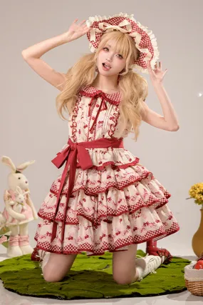 Red Triple-Layered [Cherries Are Ripe] Print Ruffle Sweet Lolita Skirt Set