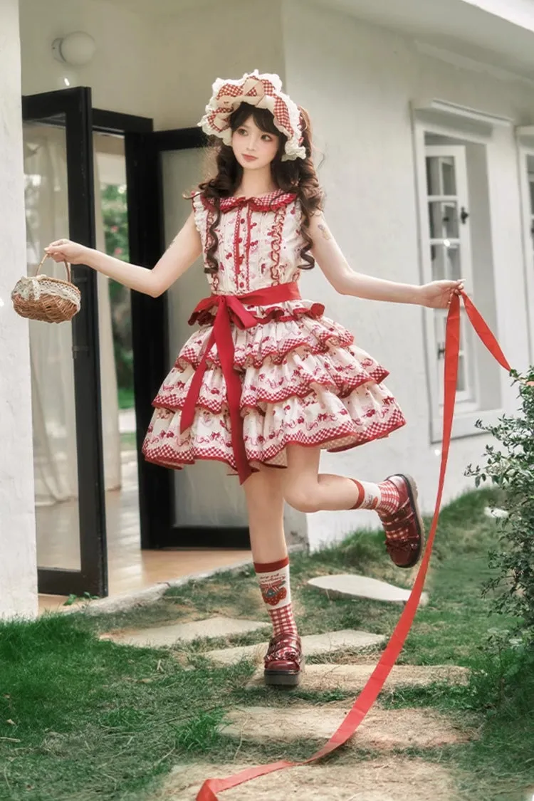 Red Triple-Layered [Cherries Are Ripe] Print Ruffle Sweet Lolita Skirt Set