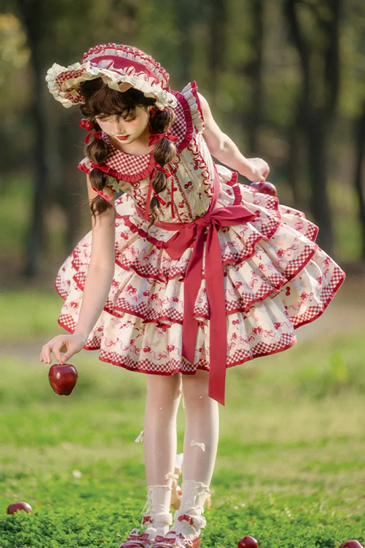 Red Triple-Layered [Cherries Are Ripe] Print Ruffle Sweet Lolita Skirt Set