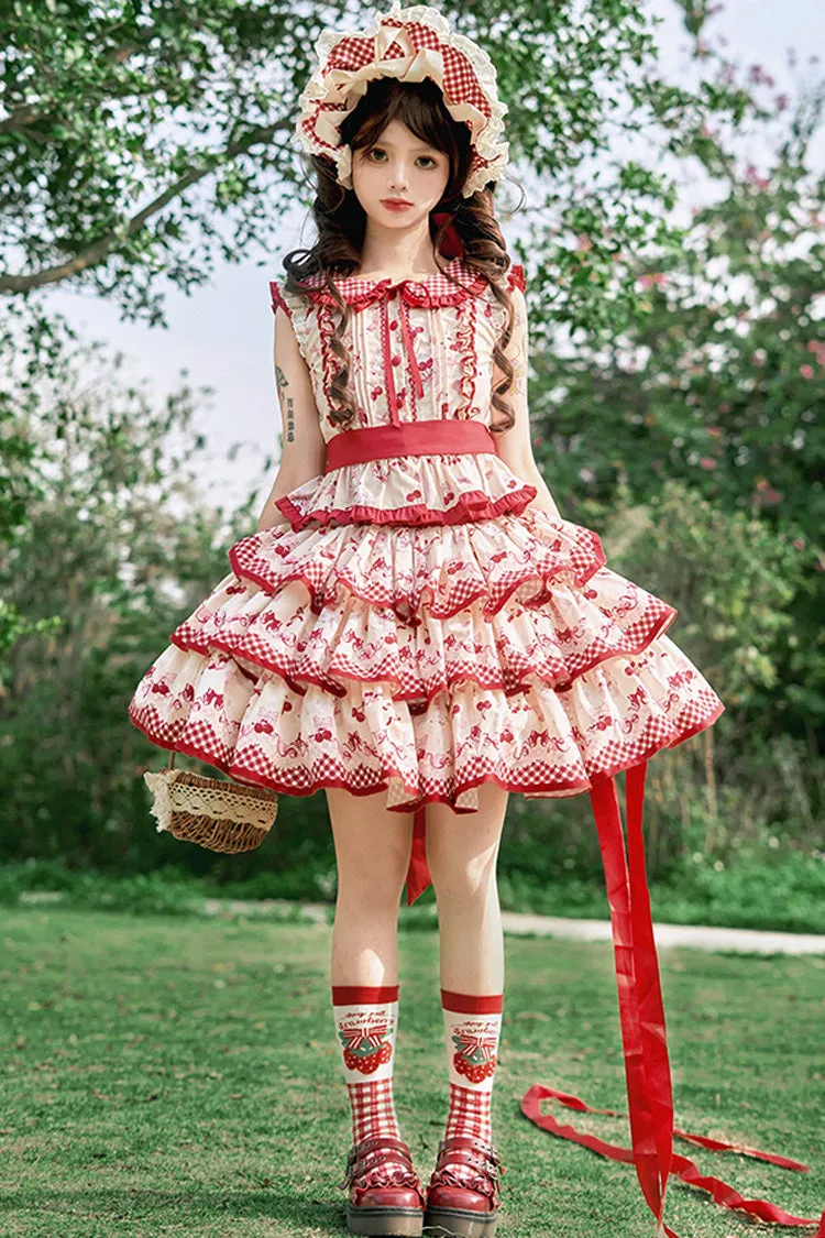 Red Triple-Layered [Cherries Are Ripe] Print Ruffle Sweet Lolita Skirt Set