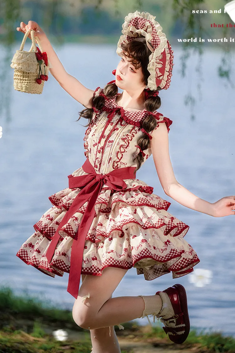 Red Triple-Layered [Cherries Are Ripe] Print Ruffle Sweet Lolita Skirt Set