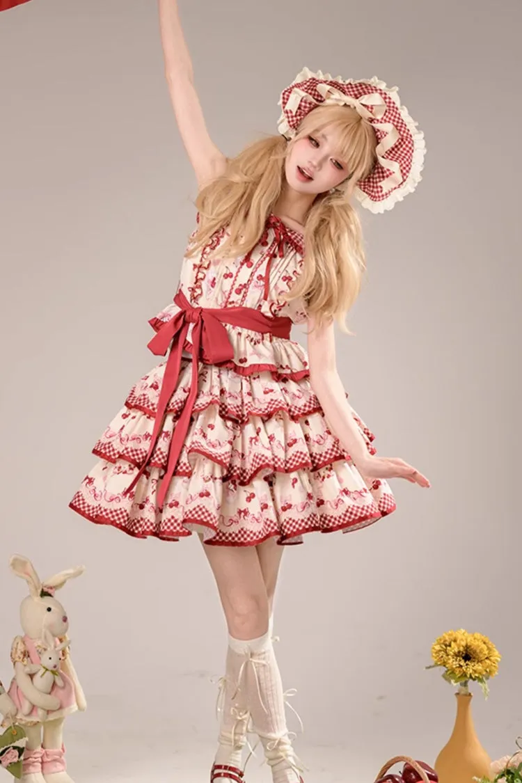 Red Triple-Layered [Cherries Are Ripe] Print Ruffle Sweet Lolita Skirt Set