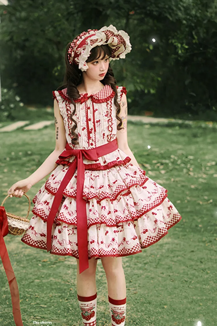 Red Triple-Layered [Cherries Are Ripe] Print Ruffle Sweet Lolita Skirt Set