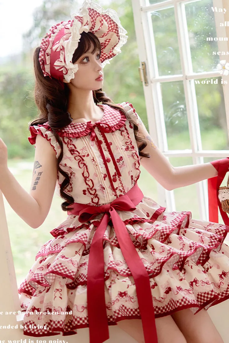 Red Triple-Layered [Cherries Are Ripe] Print Ruffle Sweet Lolita Skirt Set