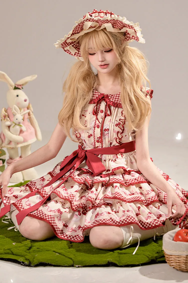 Red Triple-Layered [Cherries Are Ripe] Print Ruffle Sweet Lolita Skirt Set