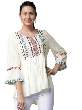 rytras Women's Embroidered Rayon Top(White,Large)