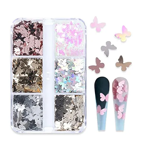 S.A.V.I 6 Grids Holographic Butterfly Nail Art, Charms Sequins Metallic, Shining Flakes Decoration, Fashion Accessories Girls Women