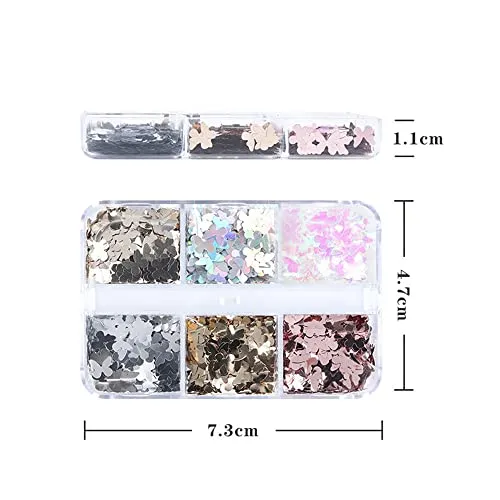 S.A.V.I 6 Grids Holographic Butterfly Nail Art, Charms Sequins Metallic, Shining Flakes Decoration, Fashion Accessories Girls Women