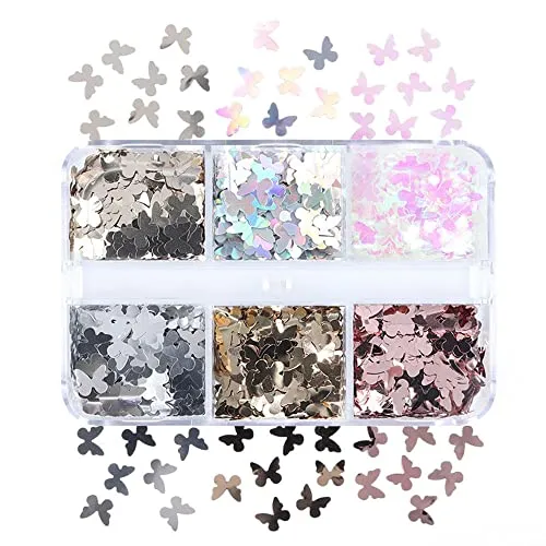 S.A.V.I 6 Grids Holographic Butterfly Nail Art, Charms Sequins Metallic, Shining Flakes Decoration, Fashion Accessories Girls Women