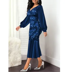 Sequins shining v neck wrap mermaid midi dress | Fall winter long sleves evening party dress