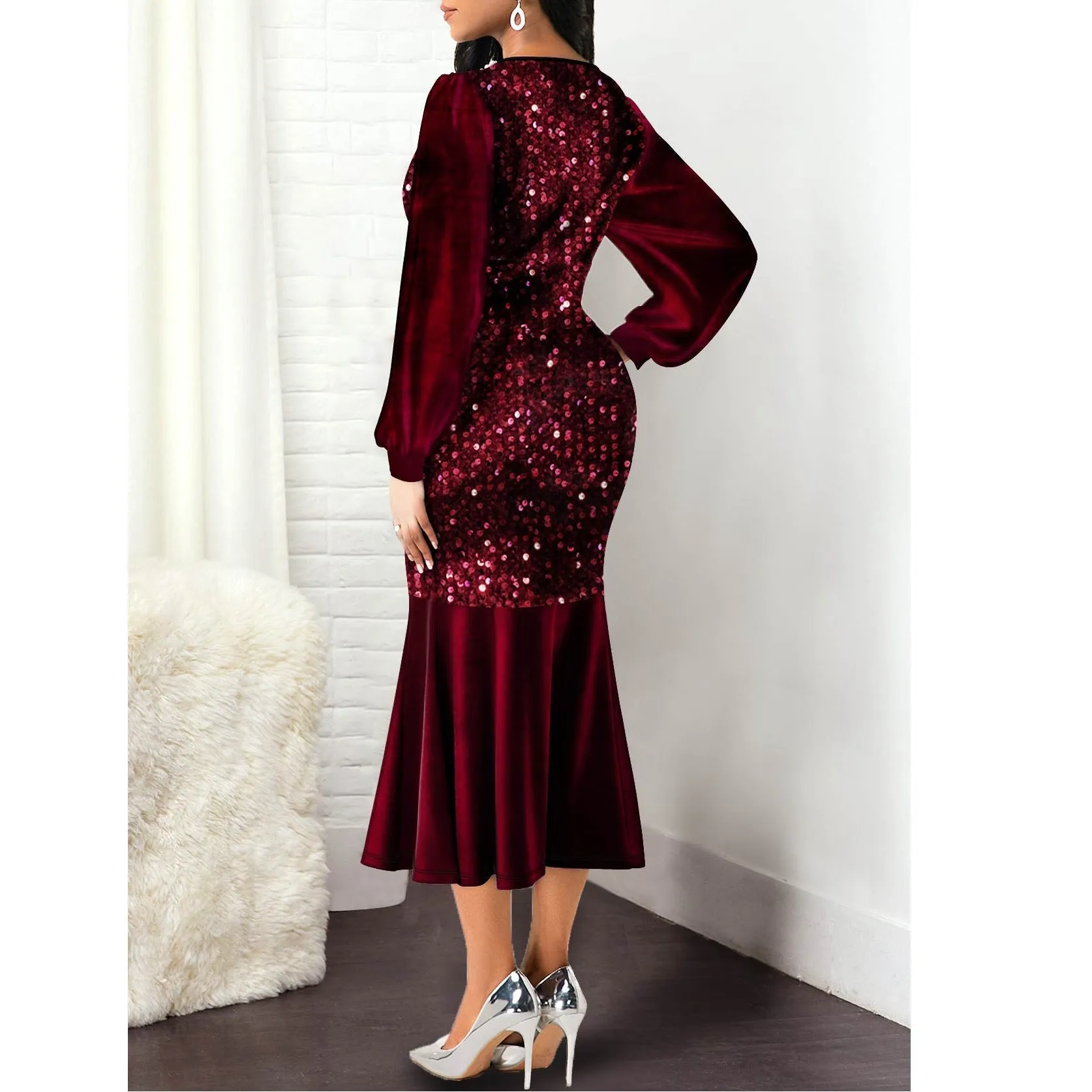 Sequins shining v neck wrap mermaid midi dress | Fall winter long sleves evening party dress