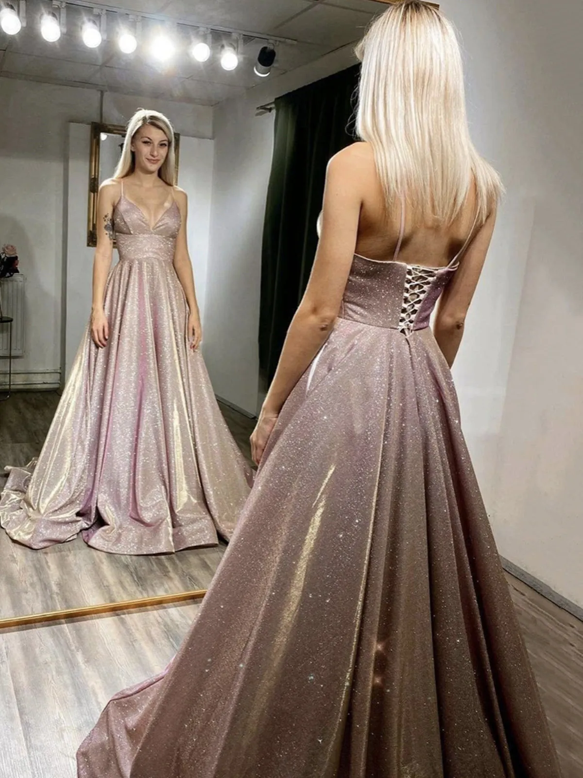 Shiny V Neck Thin Straps Pink Sequins Long Prom, Open Back Pink Formal Evening