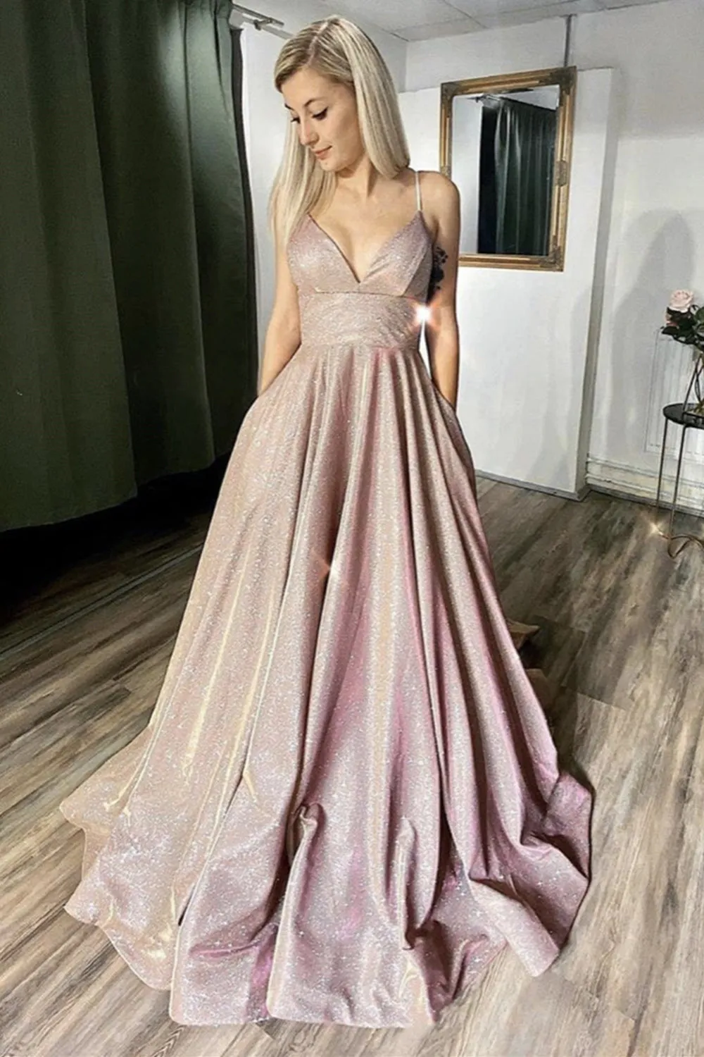 Shiny V Neck Thin Straps Pink Sequins Long Prom, Open Back Pink Formal Evening