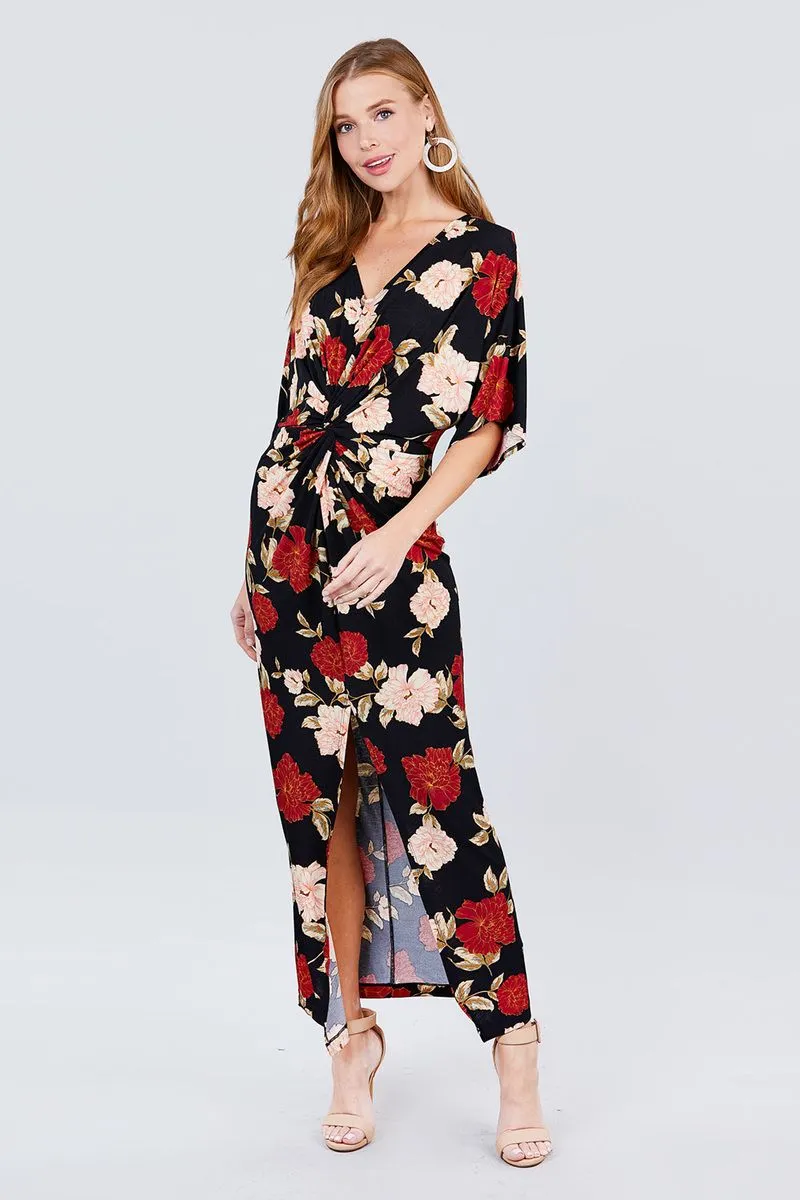 Short Dolman Sleeve V-neck Front Knot And Slit Print Knit Long Dress