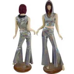 Silver Holographic Solar Flares and Sleeveless Crop Hoodie Set