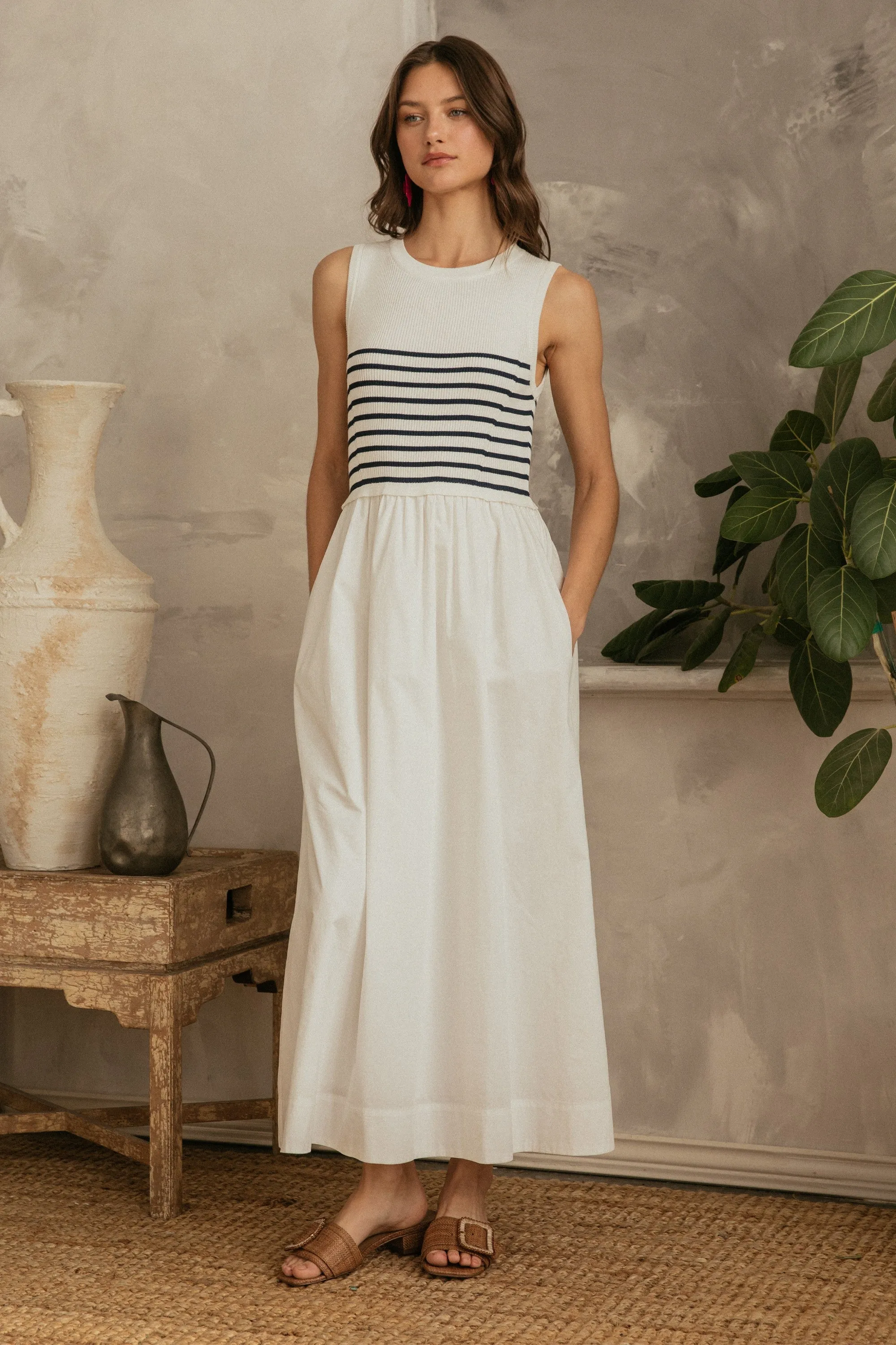 Sleeveless Knit to Woven Midi Dress