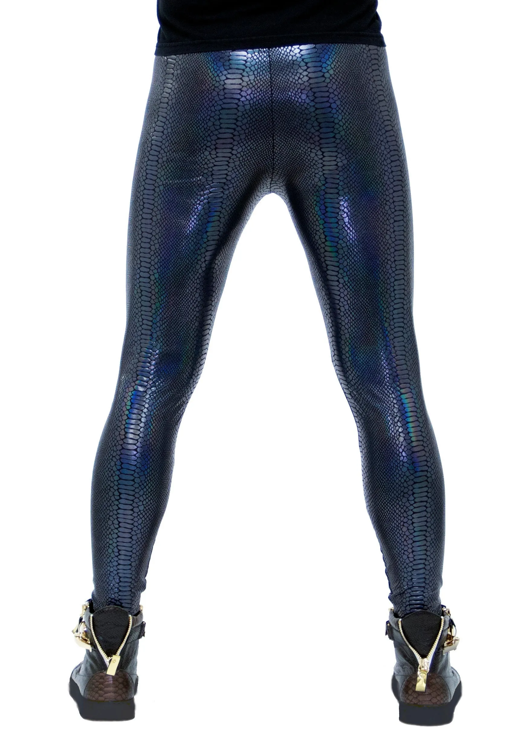 Snake Black: Holographic Iridescent Black Snake Skin Meggings - Wet Look Men's Leggings & Rave Gear