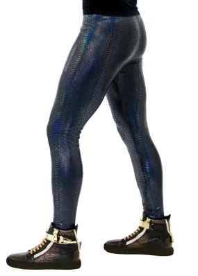 Snake Black: Holographic Iridescent Black Snake Skin Meggings - Wet Look Men's Leggings & Rave Gear