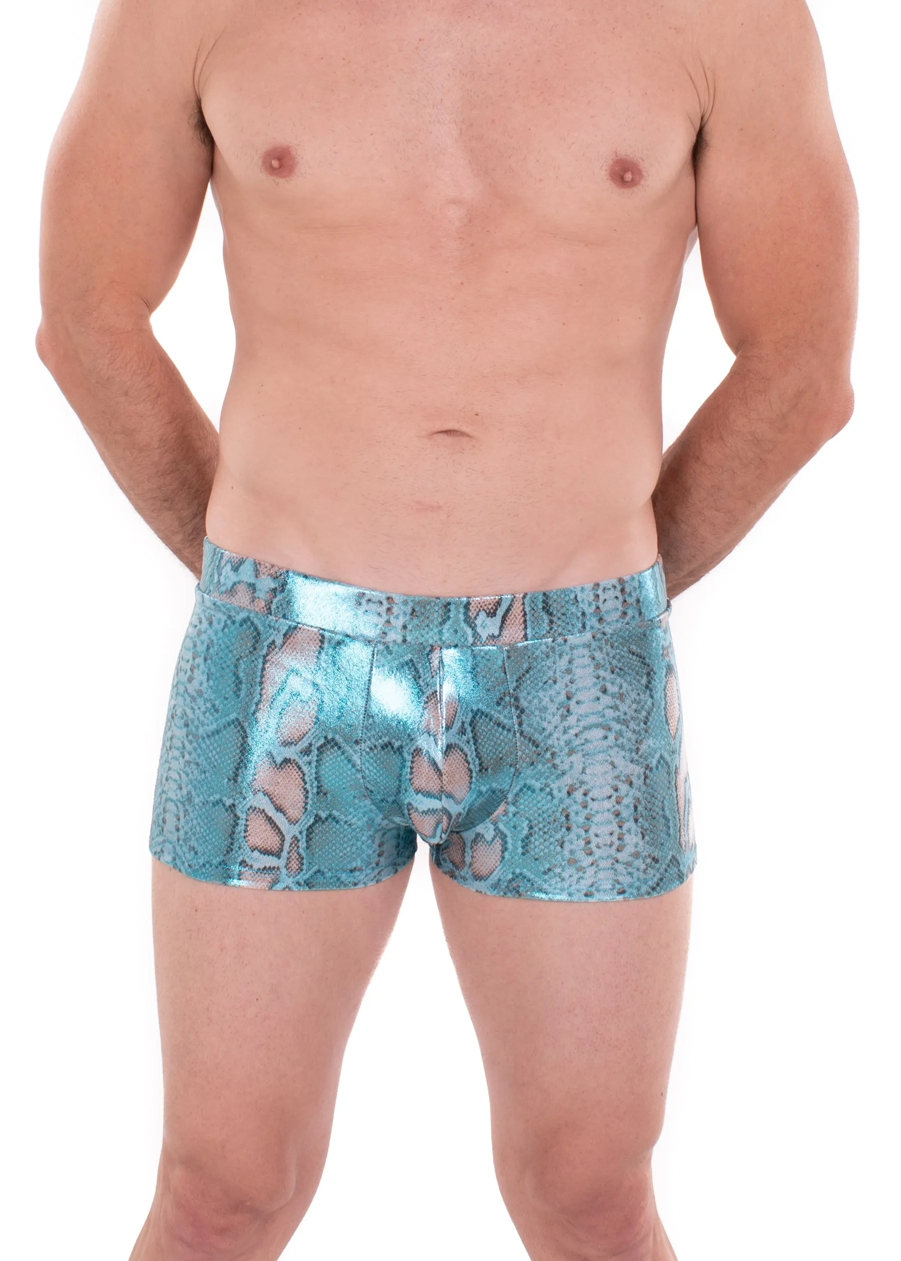 Snake BLUE Men's Pouch Booty Shorts // Snake Skin // Serpent Square Front Swim Trunks