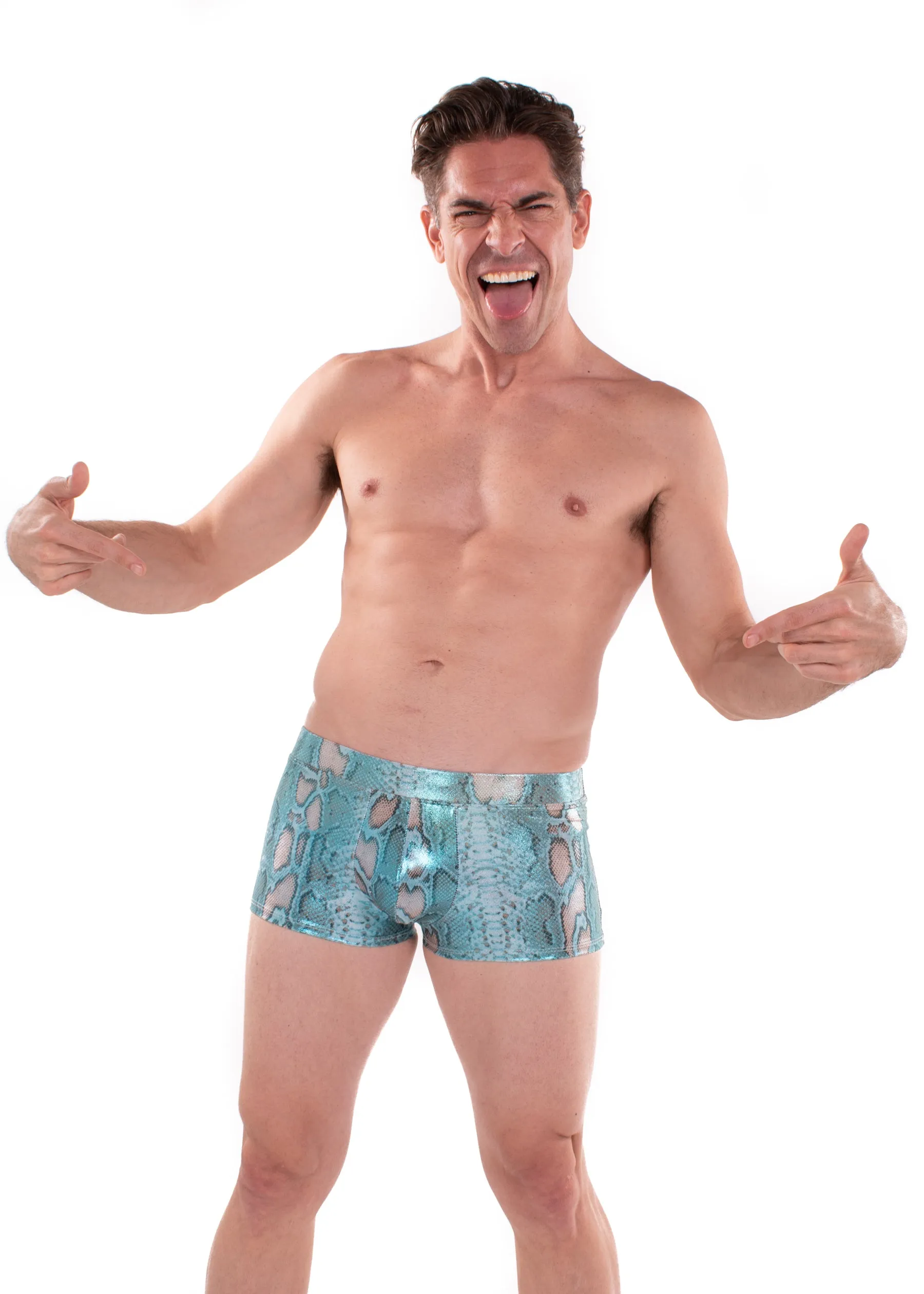 Snake BLUE Men's Pouch Booty Shorts // Snake Skin // Serpent Square Front Swim Trunks