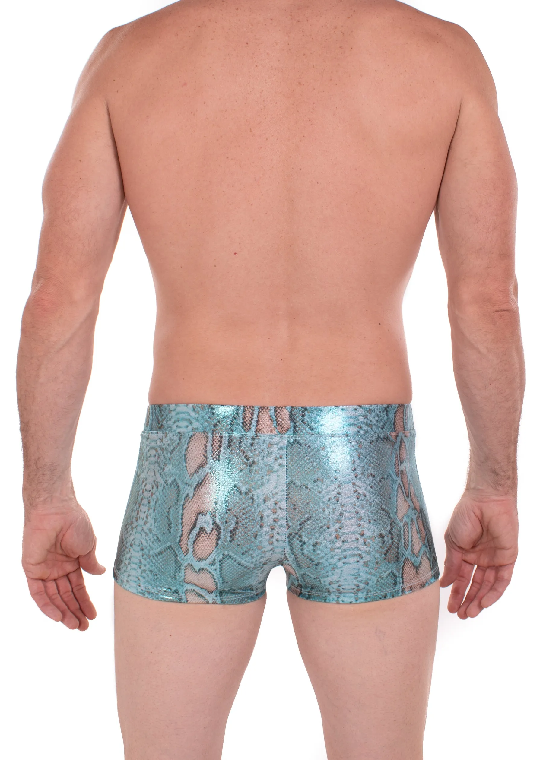 Snake BLUE Men's Pouch Booty Shorts // Snake Skin // Serpent Square Front Swim Trunks