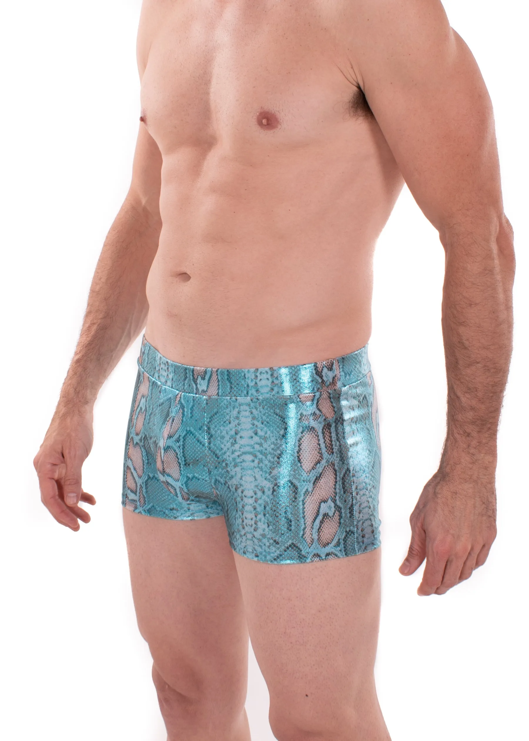 Snake BLUE Men's Pouch Booty Shorts // Snake Skin // Serpent Square Front Swim Trunks