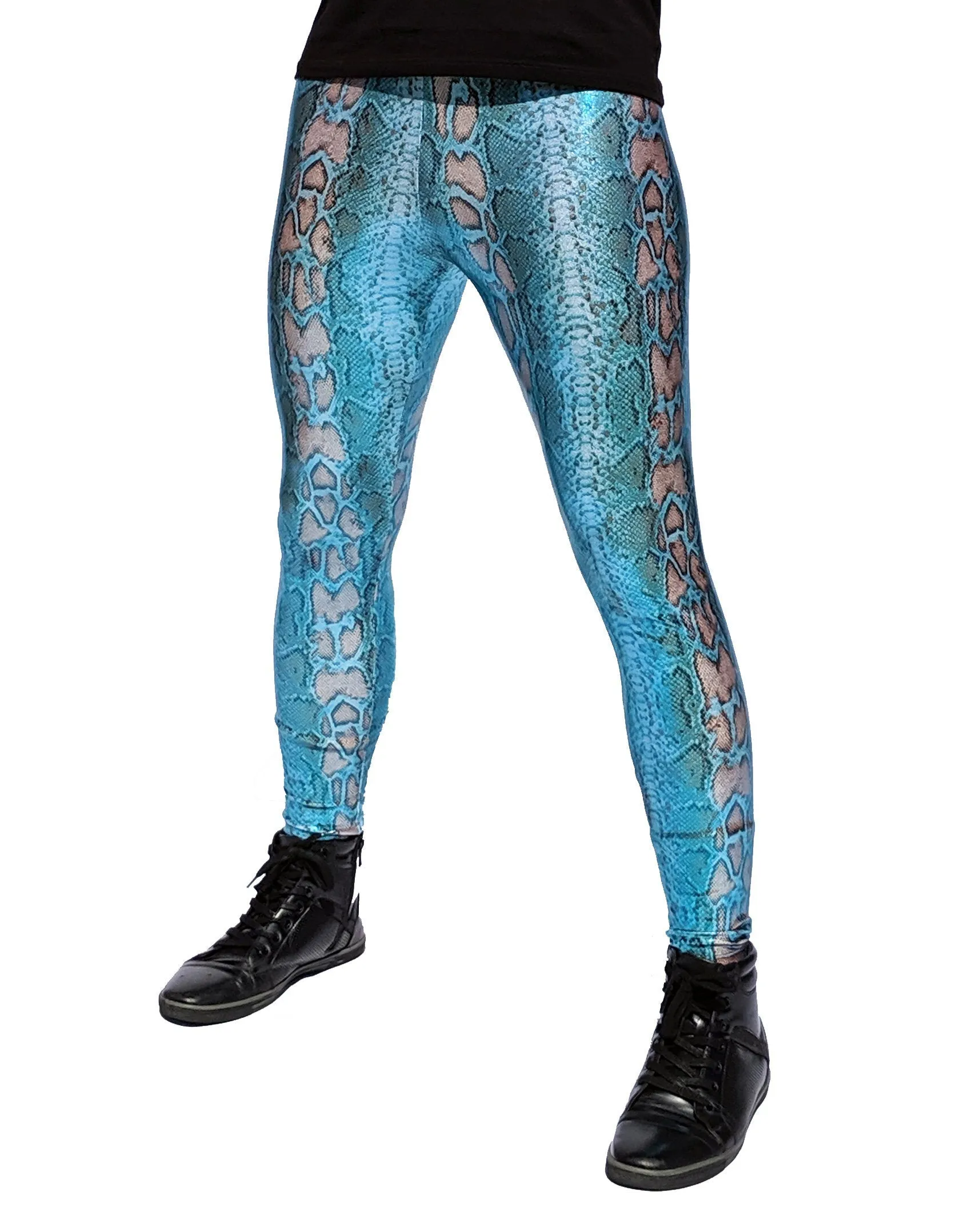 Snake Blue Shimmer: Holographic Snake Skin Meggings - Iridescent Blue Snake Mens Leggings