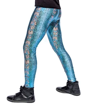 Snake Blue Shimmer: Holographic Snake Skin Meggings - Iridescent Blue Snake Mens Leggings