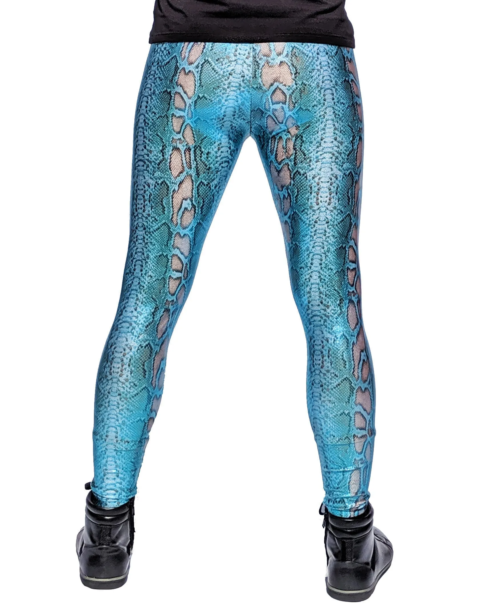 Snake Blue Shimmer: Holographic Snake Skin Meggings - Iridescent Blue Snake Mens Leggings