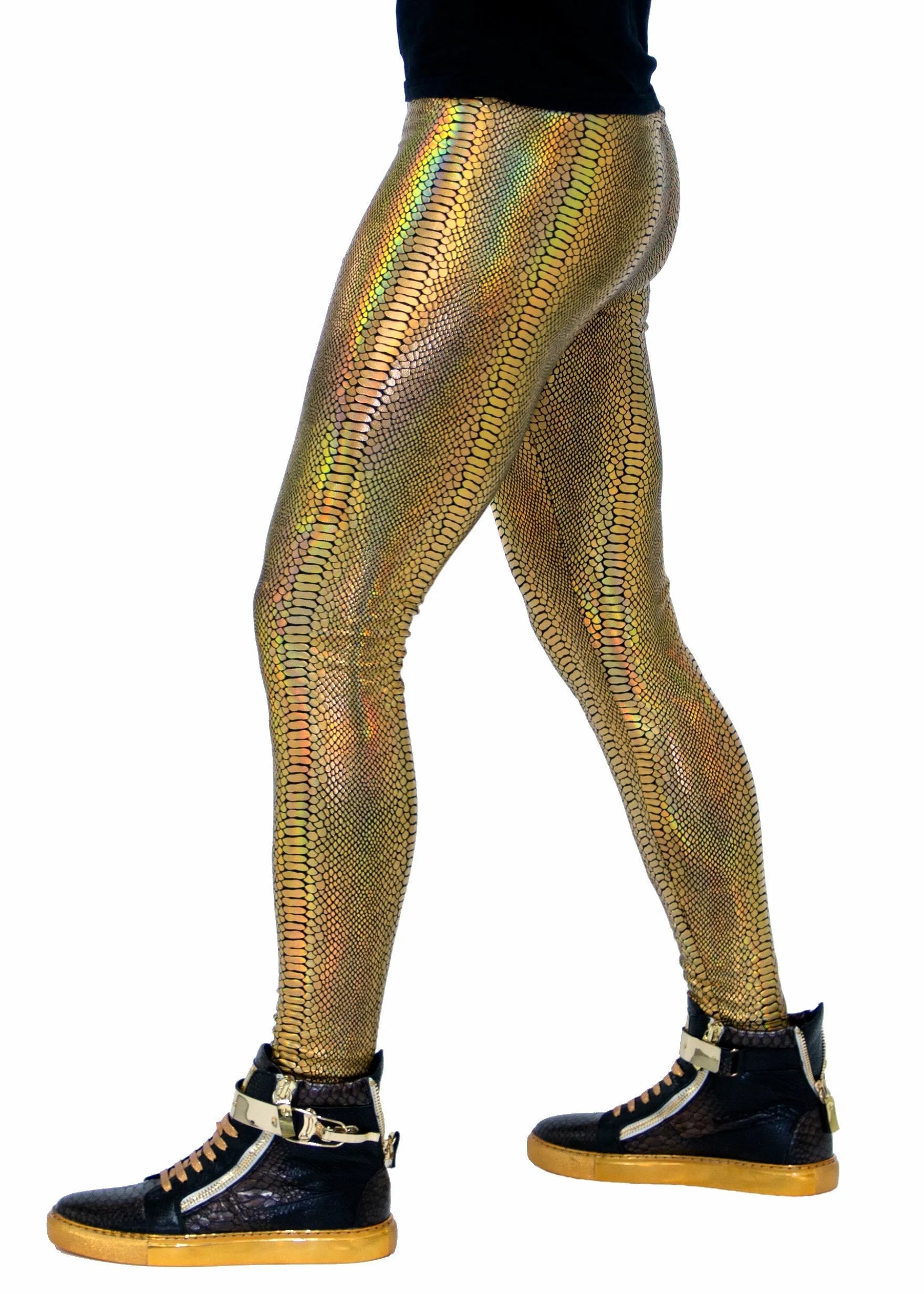 Snake Gold: Holographic Iridescent Golden Snake Skin Meggings - Men's Leggings & Rave Gear