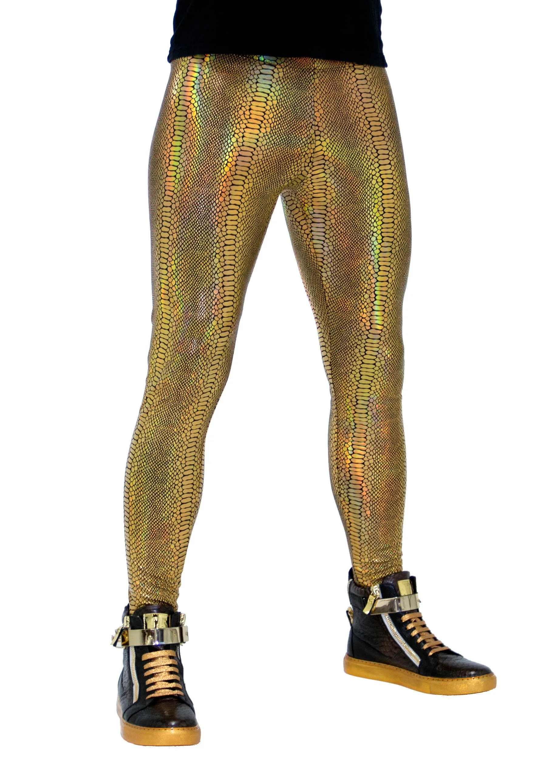 Snake Gold: Holographic Iridescent Golden Snake Skin Meggings - Men's Leggings & Rave Gear