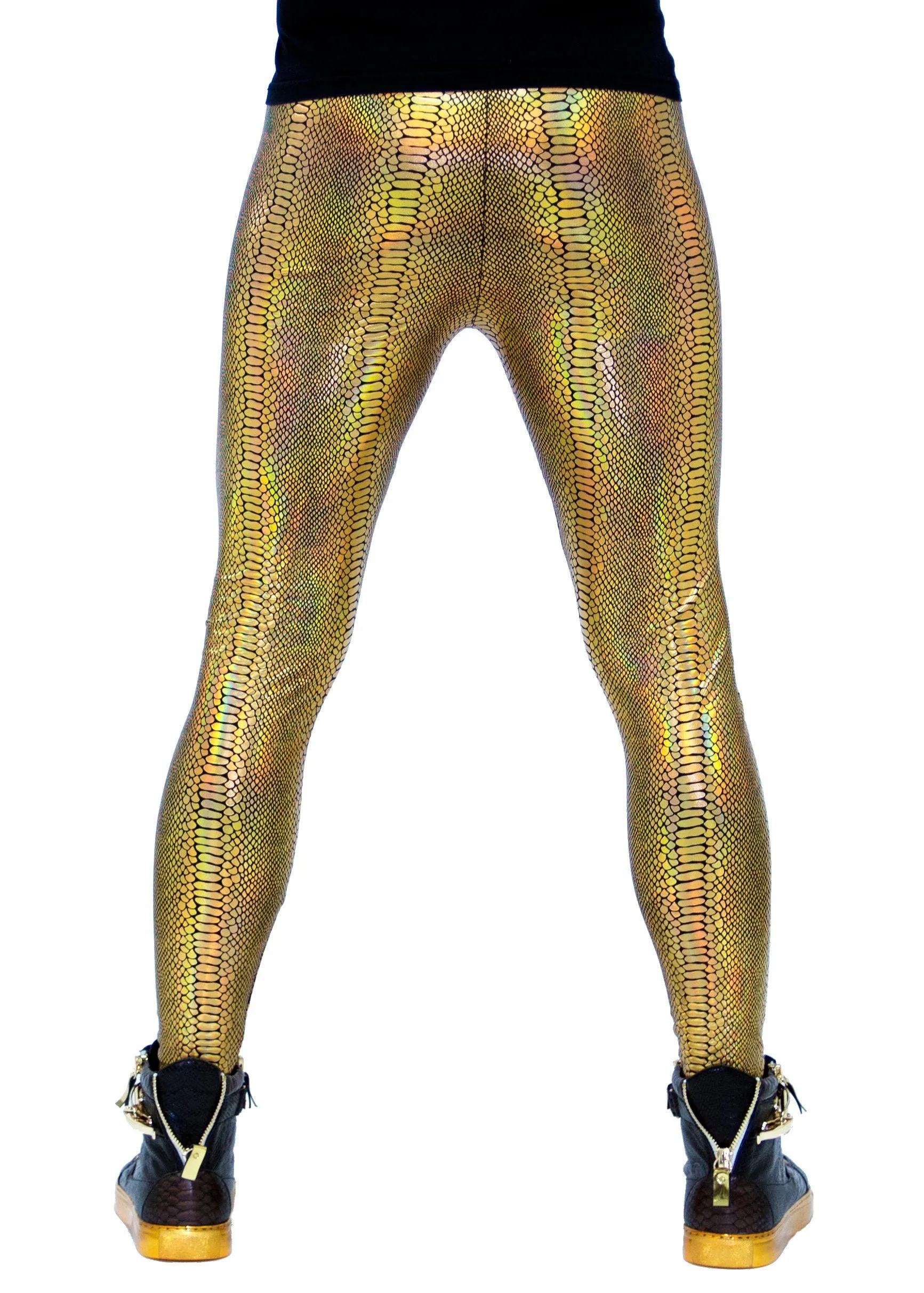 Snake Gold: Holographic Iridescent Golden Snake Skin Meggings - Men's Leggings & Rave Gear