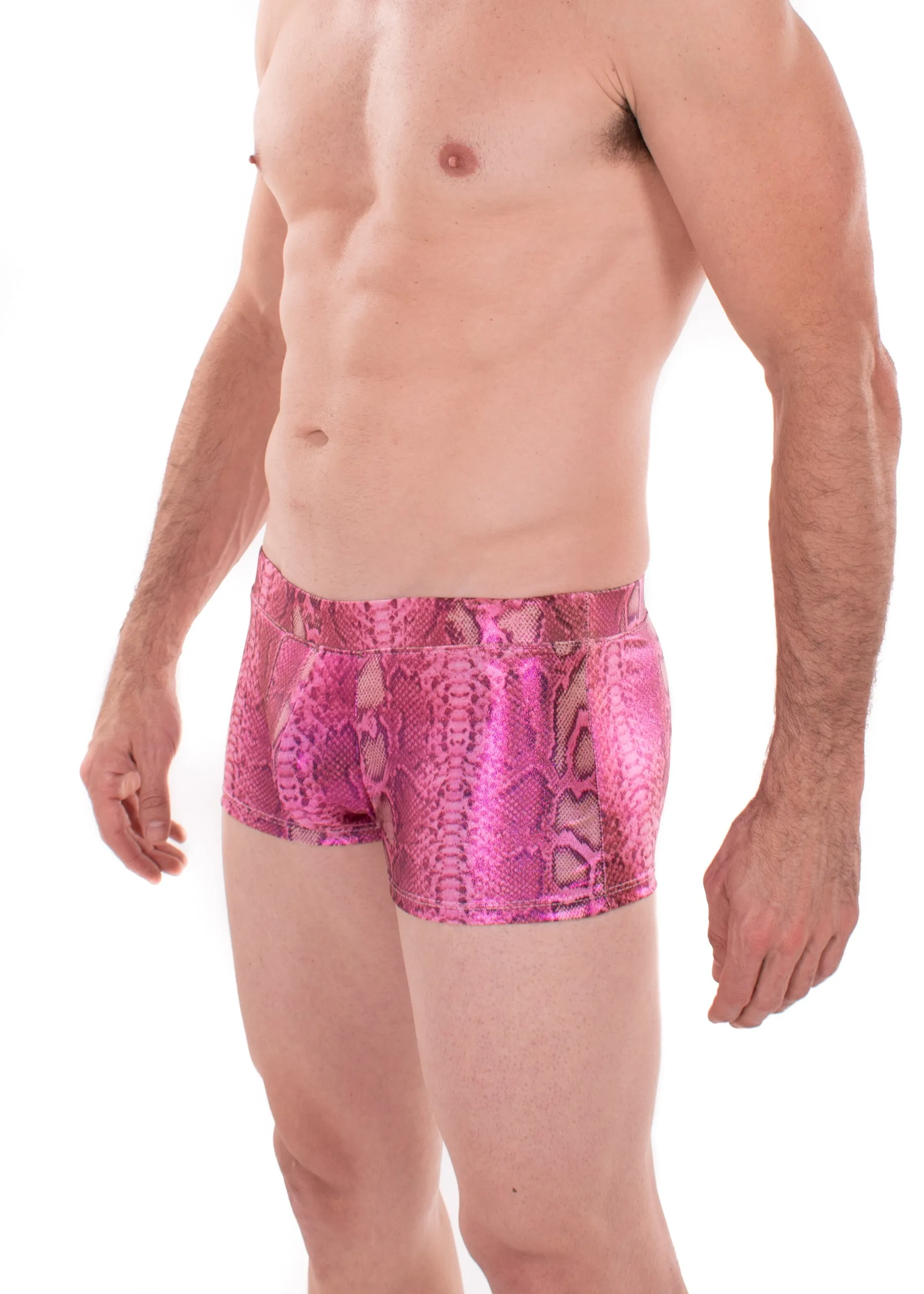 Snake PINK Men's Pouch Booty Shorts // Snake Skin // Serpent Square Front Swim Trunks