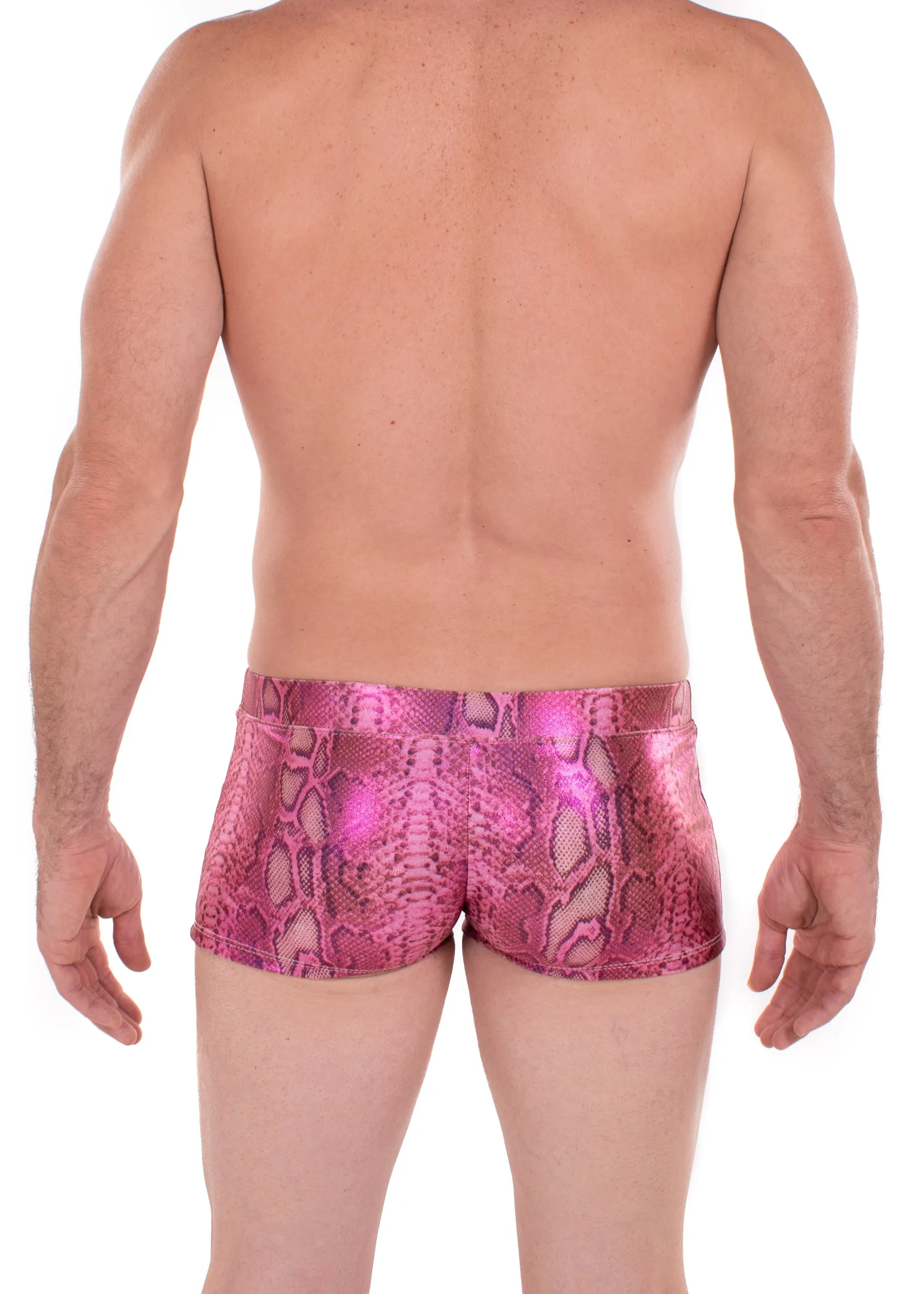 Snake PINK Men's Pouch Booty Shorts // Snake Skin // Serpent Square Front Swim Trunks