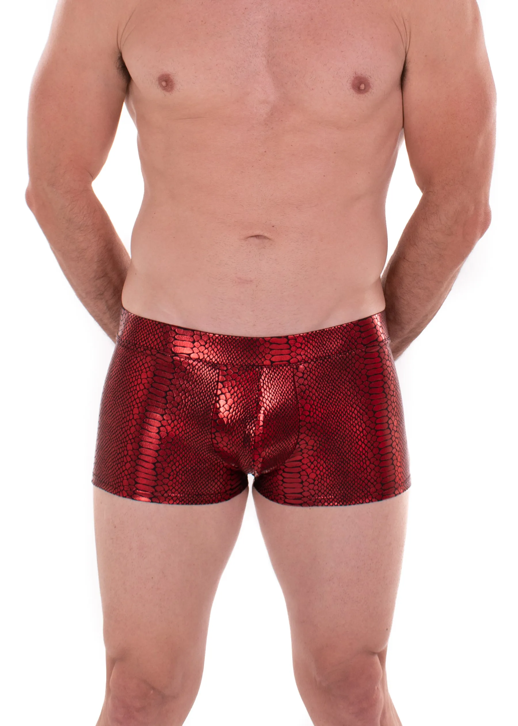 Snake RED Men's Pouch Booty Shorts // Snake Skin // Serpent Square Front Swim Trunks